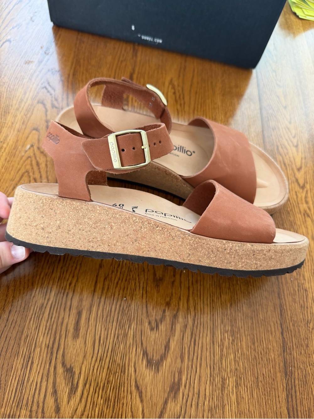 Papillio Tan Suede Cork Platform Sandal with Gold Buckle